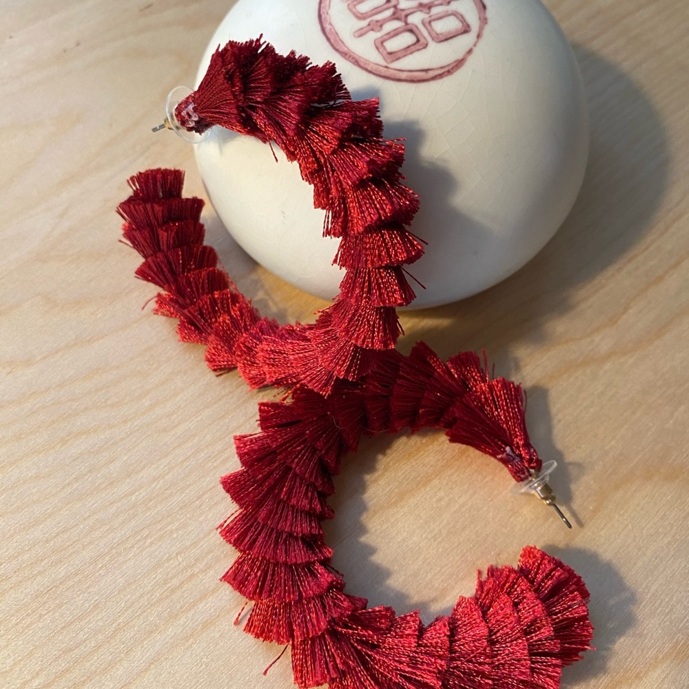 Red-Crimson-Maroon-Fringe Hoop Earrings